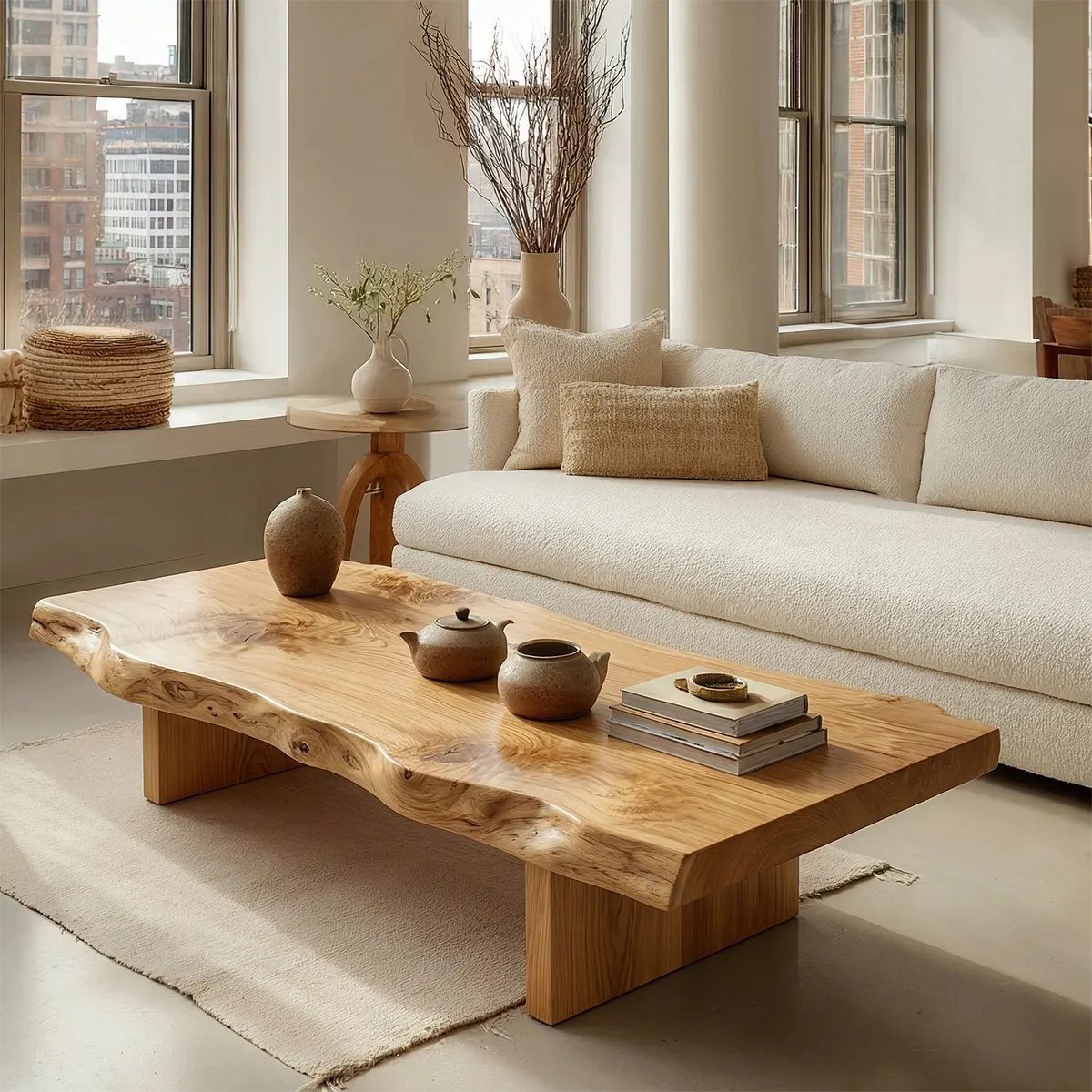 Premium Live Edge Coffee Table with Low Pedestal Base in Natural Solid Wood - Woodenecho