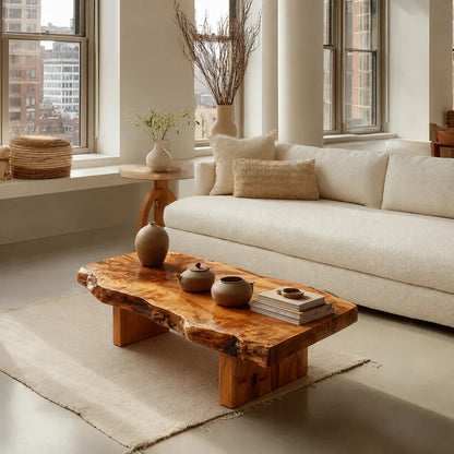 Premium Live Edge Coffee Table with Low Pedestal Base in Natural Solid Wood - Woodenecho