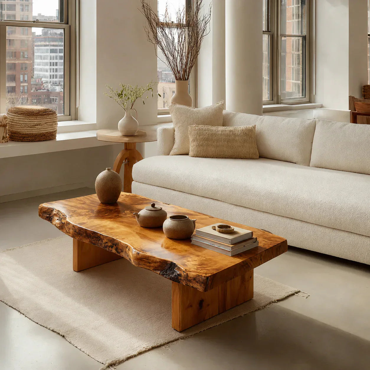 Premium Live Edge Coffee Table with Low Pedestal Base in Natural Solid Wood - Woodenecho