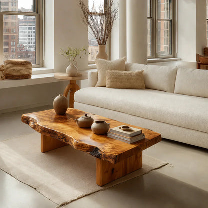 Premium Live Edge Coffee Table with Low Pedestal Base in Natural Solid Wood - Woodenecho