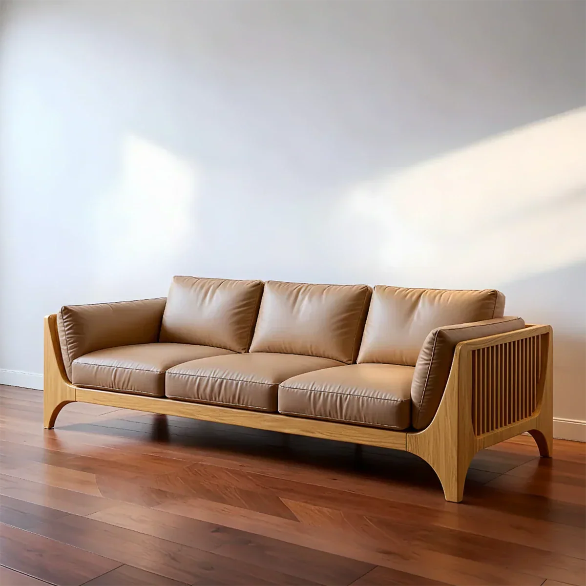 Premium Solid Wood Leather Sofa – Modern Minimal Design - Rustirawood