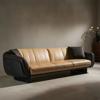 Premium Solid Wood Leather Sofa – Modern Sculptural Design - Woodenecho