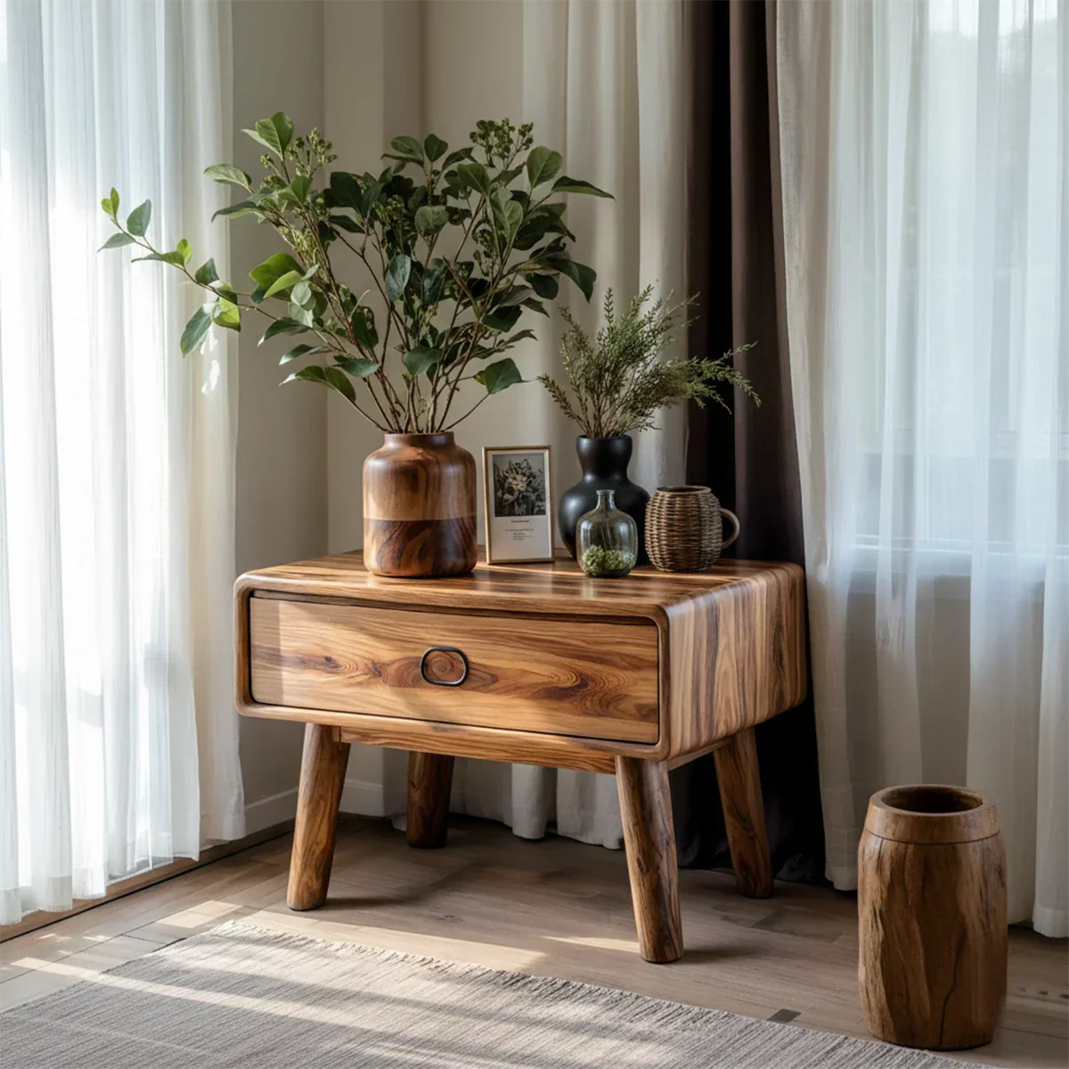 Rounded Solid Wood Nightstand – Minimalist Single-Drawer Design - Rustirawood