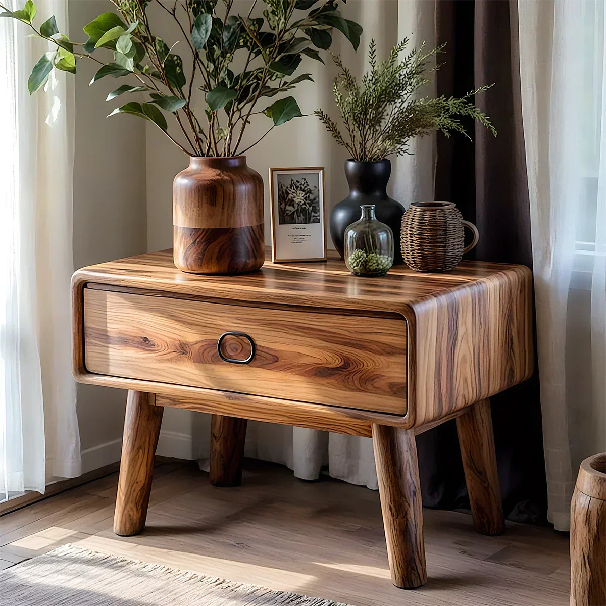 Rounded Solid Wood Nightstand – Minimalist Single-Drawer Design - Woodenecho
