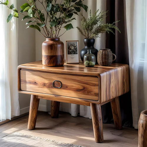 Rounded Solid Wood Nightstand – Minimalist Single-Drawer Design - Woodenecho