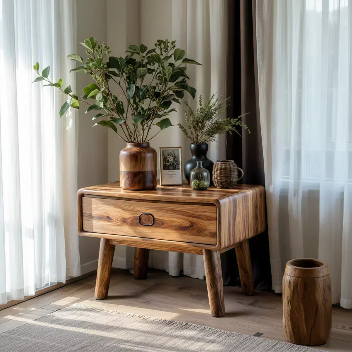 Rounded Solid Wood Nightstand – Minimalist Single-Drawer Design - Woodenecho