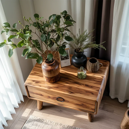 Rounded Solid Wood Nightstand – Minimalist Single-Drawer Design - Woodenecho