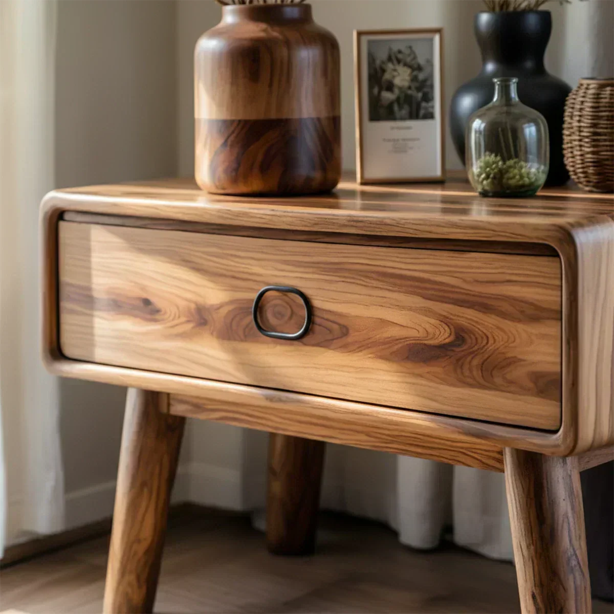 Rounded Solid Wood Nightstand – Minimalist Single-Drawer Design - Woodenecho