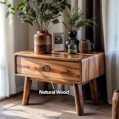Rounded Solid Wood Nightstand – Minimalist Single-Drawer Design - Woodenecho