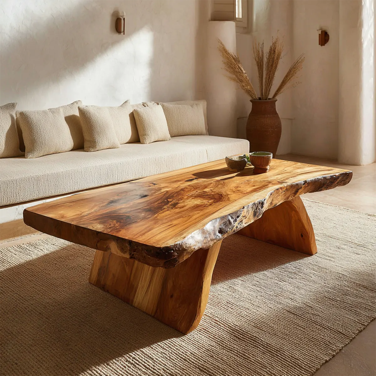Rustic Live Edge Slab Coffee Table with Solid Block Base in Natural Solid Wood - Rustirawood