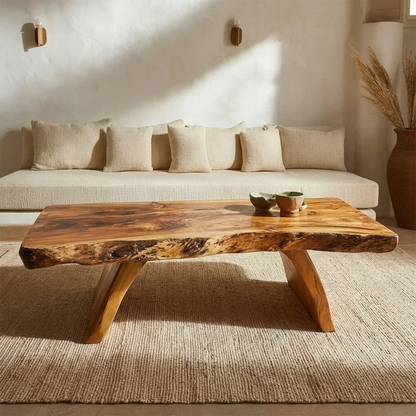 Rustic Live Edge Slab Coffee Table with Solid Block Base in Natural Solid Wood - Rustirawood