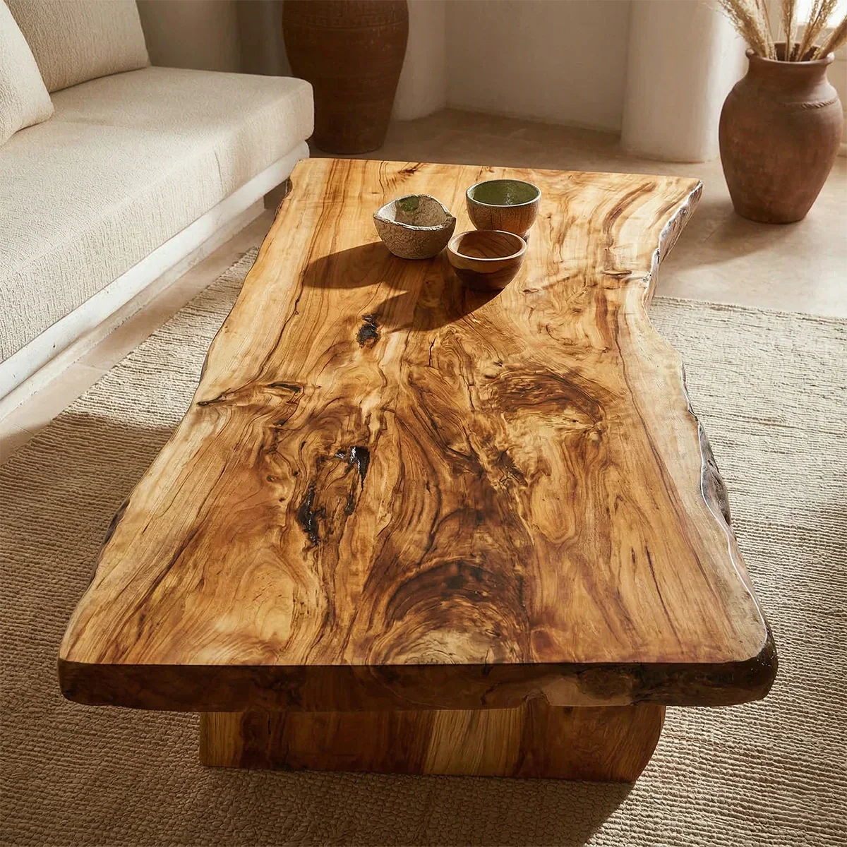 Rustic Live Edge Slab Coffee Table with Solid Block Base in Natural Solid Wood - Rustirawood