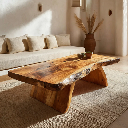 Rustic Live Edge Slab Coffee Table with Solid Block Base in Natural Solid Wood - Woodenecho