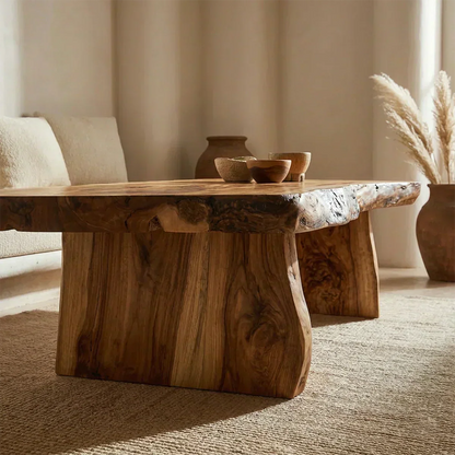 Rustic Live Edge Slab Coffee Table with Solid Block Base in Natural Solid Wood - Woodenecho