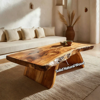 Rustic Live Edge Slab Coffee Table with Solid Block Base in Natural Solid Wood - Woodenecho