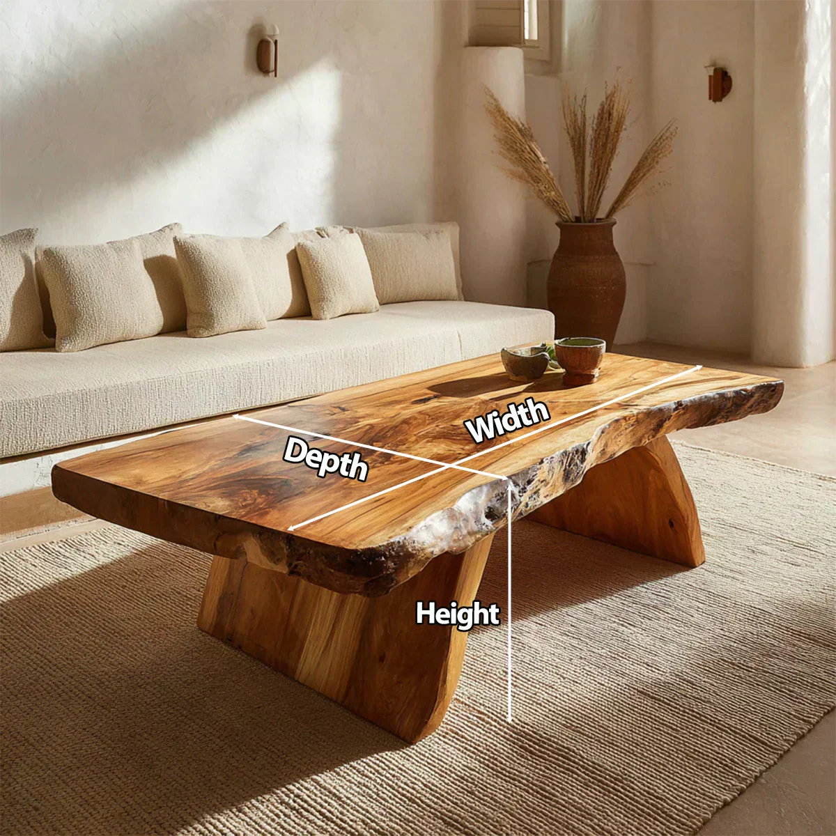 Rustic Live Edge Slab Coffee Table with Solid Block Base in Natural Solid Wood - Woodenecho