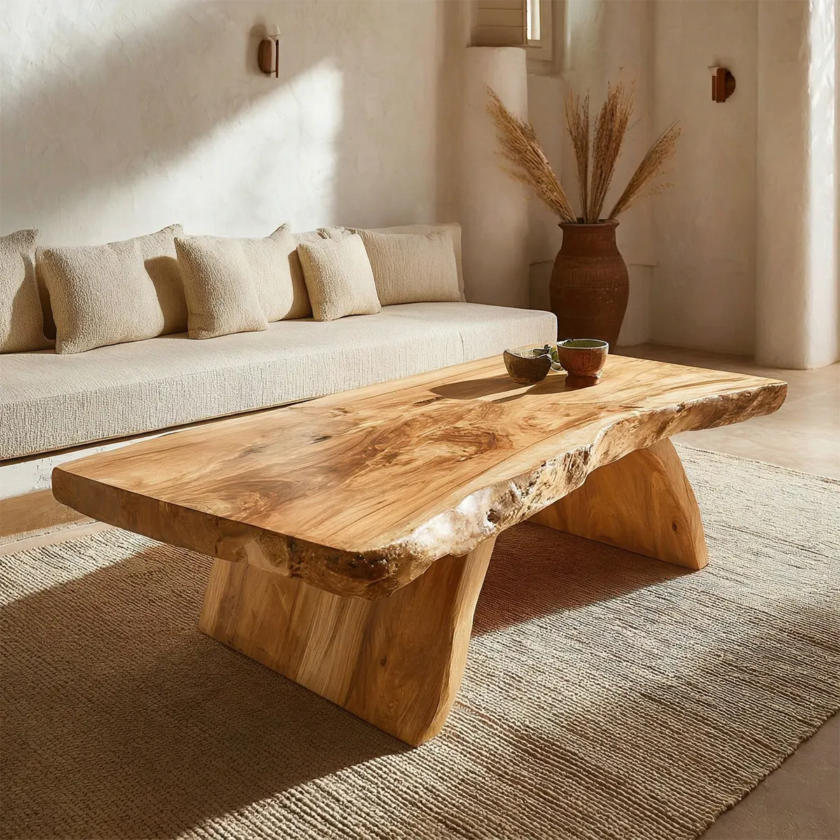 Rustic Live Edge Slab Coffee Table with Solid Block Base in Natural Solid Wood - Woodenecho
