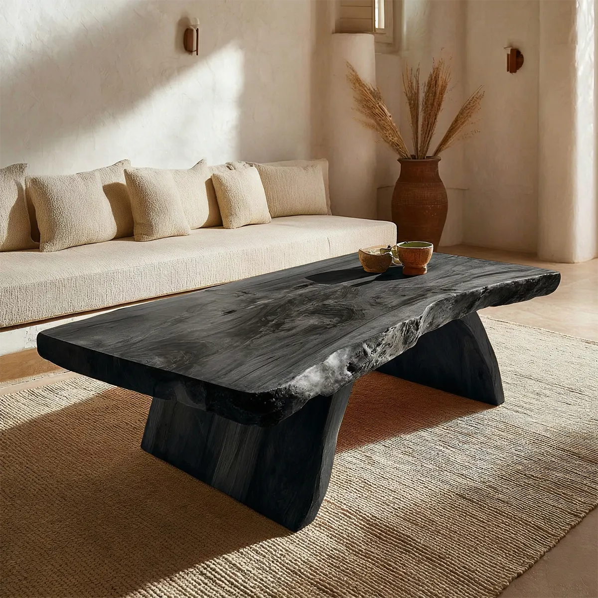 Rustic Live Edge Slab Coffee Table with Solid Block Base in Natural Solid Wood - Woodenecho