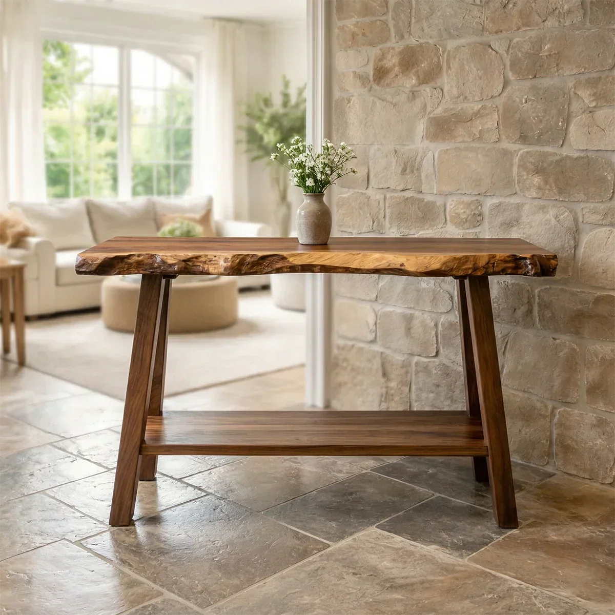 Rustic Live Edge Solid Wood Console Table with Storage Shelf - Woodenecho