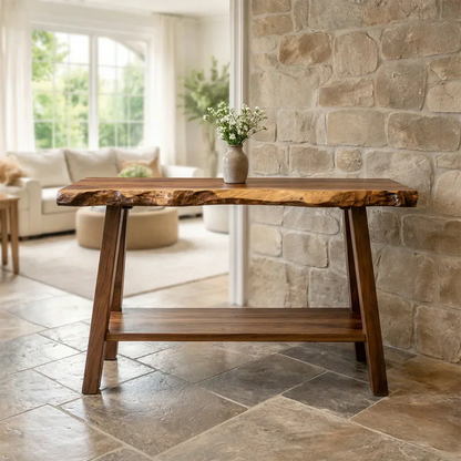 Rustic Live Edge Solid Wood Console Table with Storage Shelf - Woodenecho