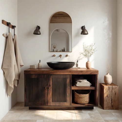 Rustic Natural Solid Wood Bathroom Vanity Cabinet with Open Shelf - Rustirawood