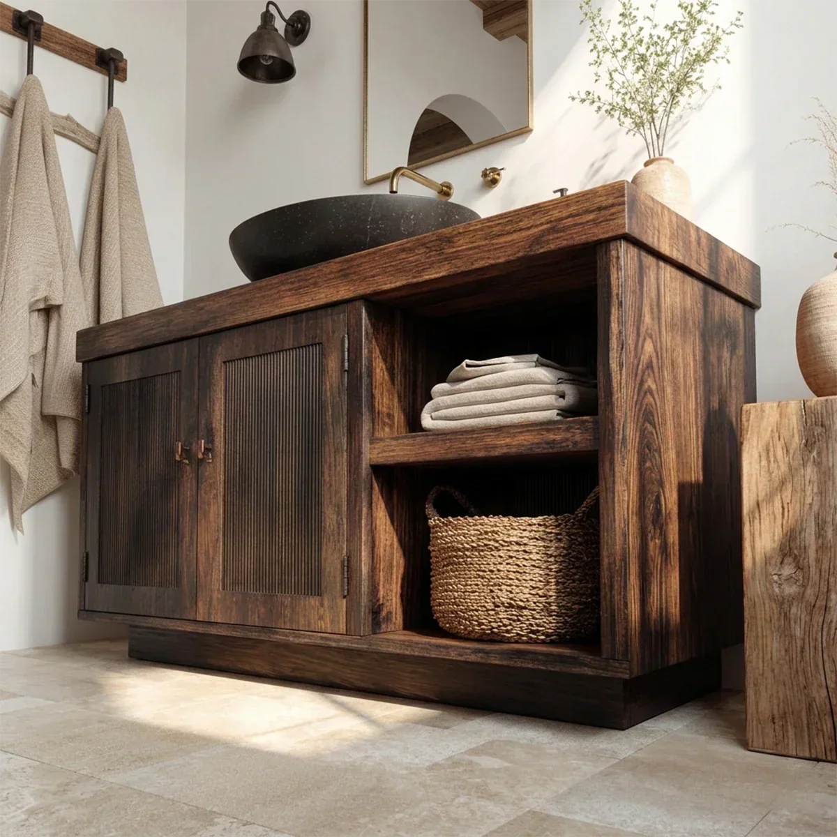 Rustic Natural Solid Wood Bathroom Vanity Cabinet with Open Shelf - Rustirawood