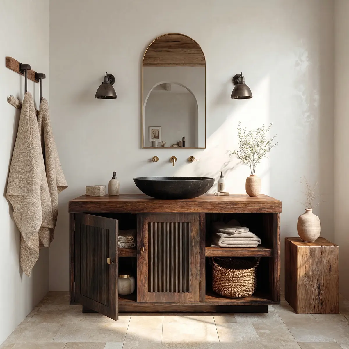 Rustic Natural Solid Wood Bathroom Vanity Cabinet with Open Shelf - Rustirawood