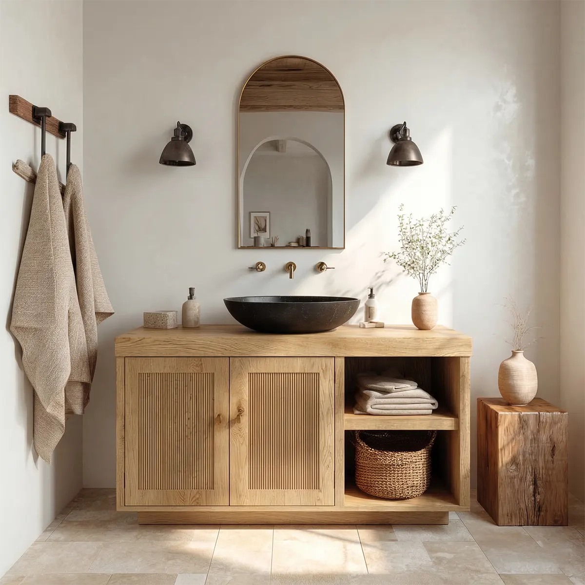 Rustic Natural Solid Wood Bathroom Vanity Cabinet with Open Shelf - Rustirawood