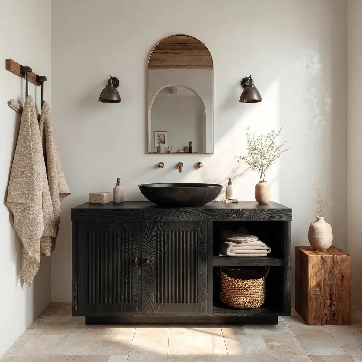 Rustic Natural Solid Wood Bathroom Vanity Cabinet with Open Shelf - Rustirawood