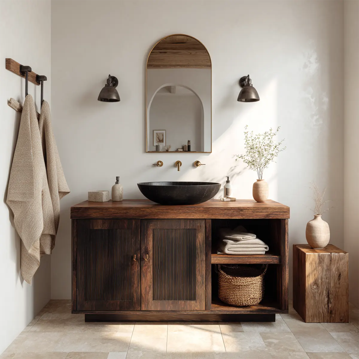 Rustic Natural Solid Wood Bathroom Vanity Cabinet with Open Shelf - Woodenecho