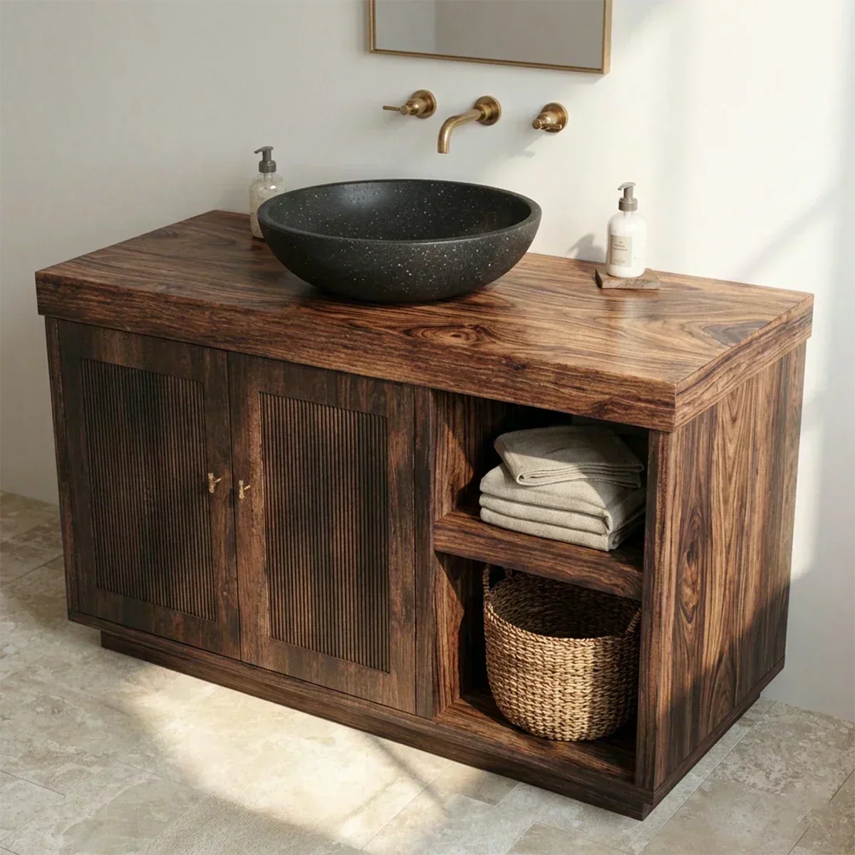 Rustic Natural Solid Wood Bathroom Vanity Cabinet with Open Shelf - Woodenecho