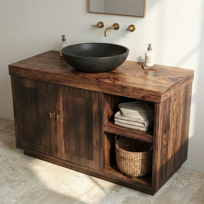 Rustic Natural Solid Wood Bathroom Vanity Cabinet with Open Shelf - Woodenecho