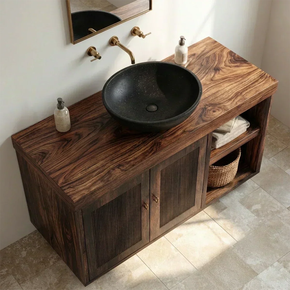 Rustic Natural Solid Wood Bathroom Vanity Cabinet with Open Shelf - Woodenecho