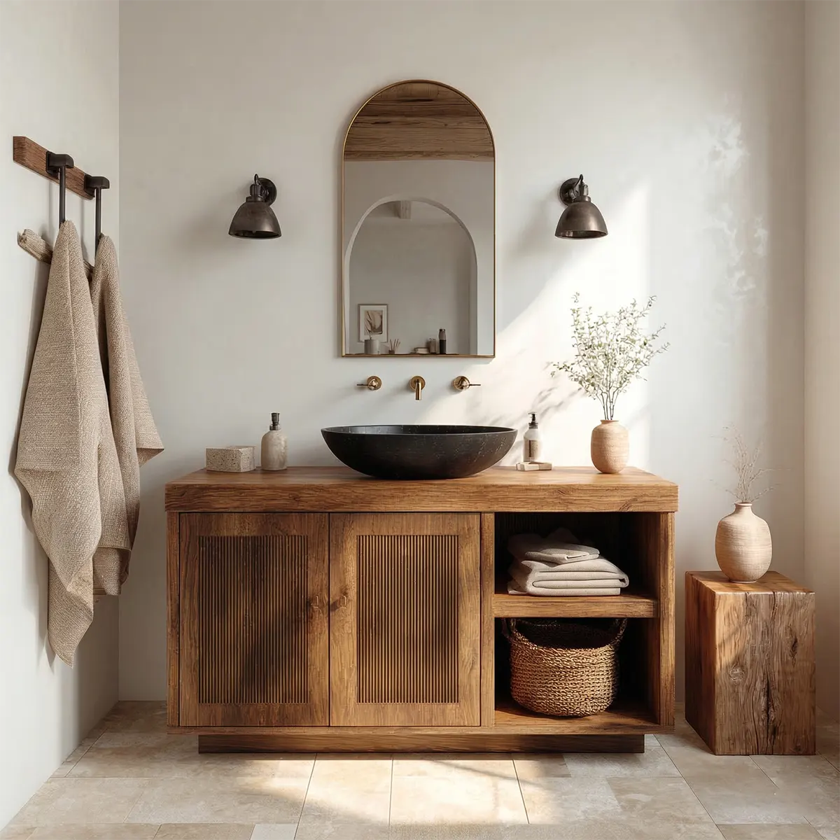 Rustic Natural Solid Wood Bathroom Vanity Cabinet with Open Shelf - Woodenecho