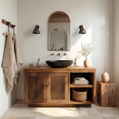 Rustic Natural Solid Wood Bathroom Vanity Cabinet with Open Shelf - Woodenecho