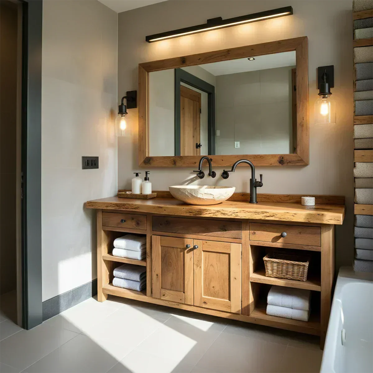 Rustic Solid Wood Bathroom Vanity – Handcrafted Farmhouse Wabi-Sabi Cabinet - Woodenecho