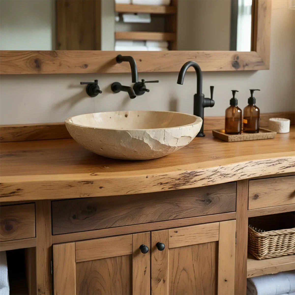 Rustic Solid Wood Bathroom Vanity – Handcrafted Farmhouse Wabi-Sabi Cabinet - Woodenecho