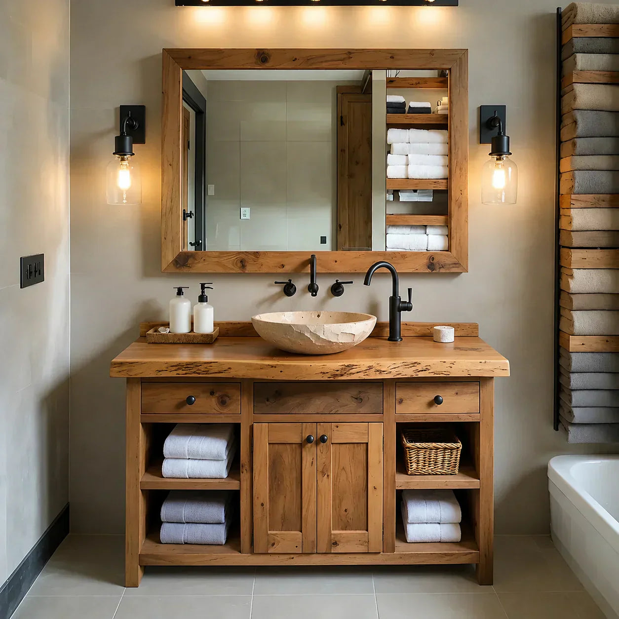 Rustic Solid Wood Bathroom Vanity – Handcrafted Farmhouse Wabi-Sabi Cabinet - Woodenecho