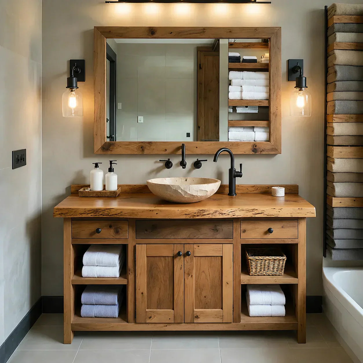 Rustic Solid Wood Bathroom Vanity – Handcrafted Farmhouse Wabi-Sabi Cabinet - Woodenecho