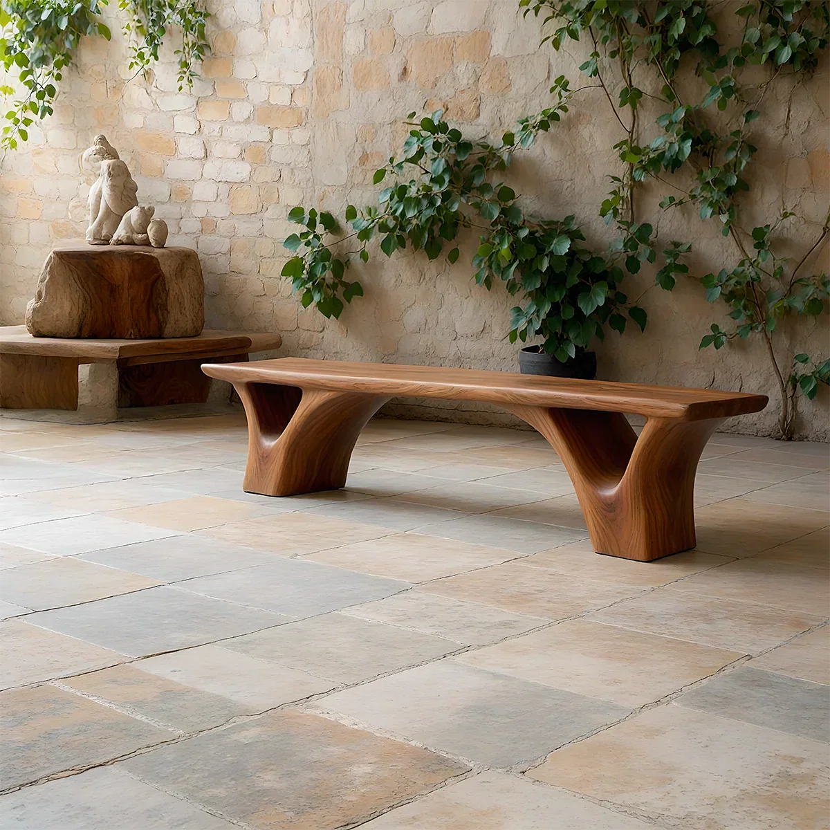 Sculpted Arch-Base Solid Wood Bench – Modern Fluid Silhouette - Rustirawood