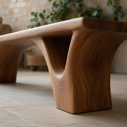 Sculpted Arch-Base Solid Wood Bench – Modern Fluid Silhouette - Rustirawood