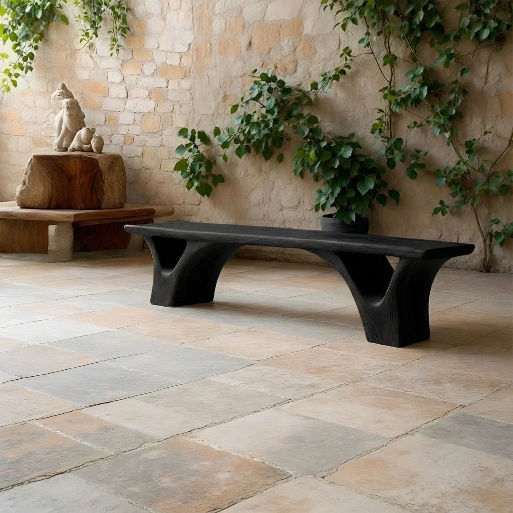 Sculpted Arch-Base Solid Wood Bench – Modern Fluid Silhouette - Rustirawood