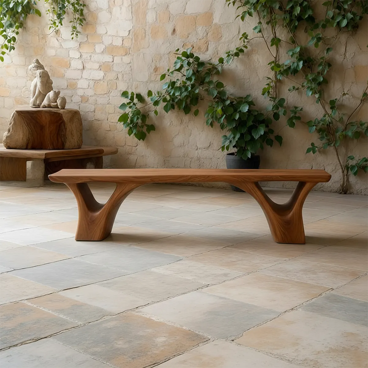 Sculpted Arch-Base Solid Wood Bench – Modern Fluid Silhouette - Woodenecho