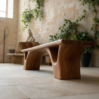 Sculpted Arch-Base Solid Wood Bench – Modern Fluid Silhouette - Woodenecho