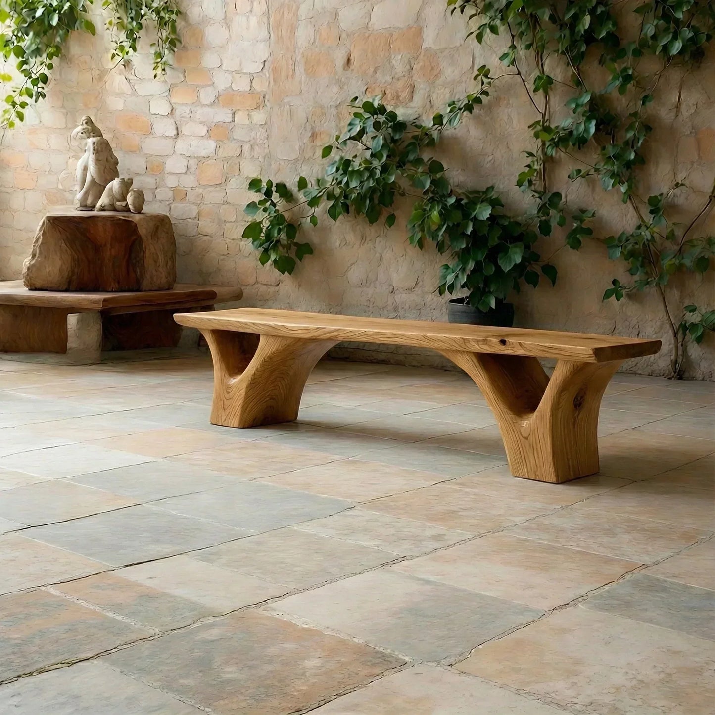 Sculpted Arch-Base Solid Wood Bench – Modern Fluid Silhouette - Woodenecho
