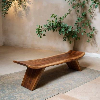 Sculpted Low-Profile Bench in Natural Solid Wood – Curved Edge Form - Woodenecho