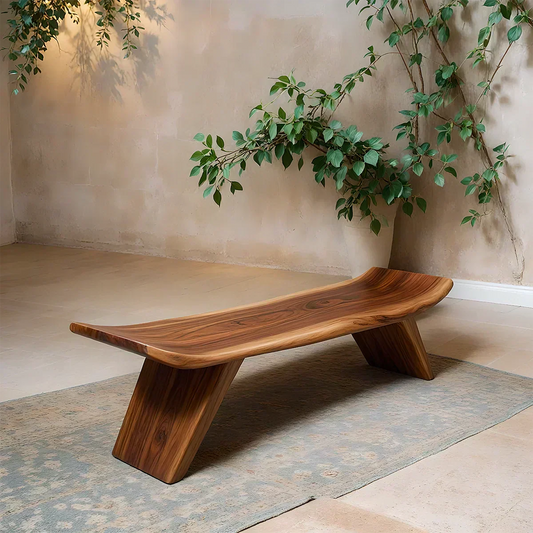 Sculpted Low-Profile Bench in Natural Solid Wood – Curved Edge Form - Woodenecho