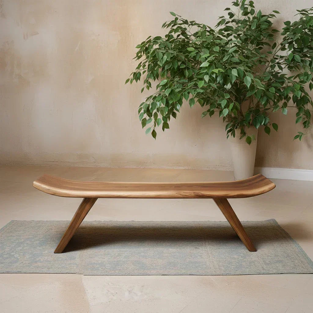 Sculpted Low-Profile Bench in Natural Solid Wood – Curved Edge Form - Woodenecho