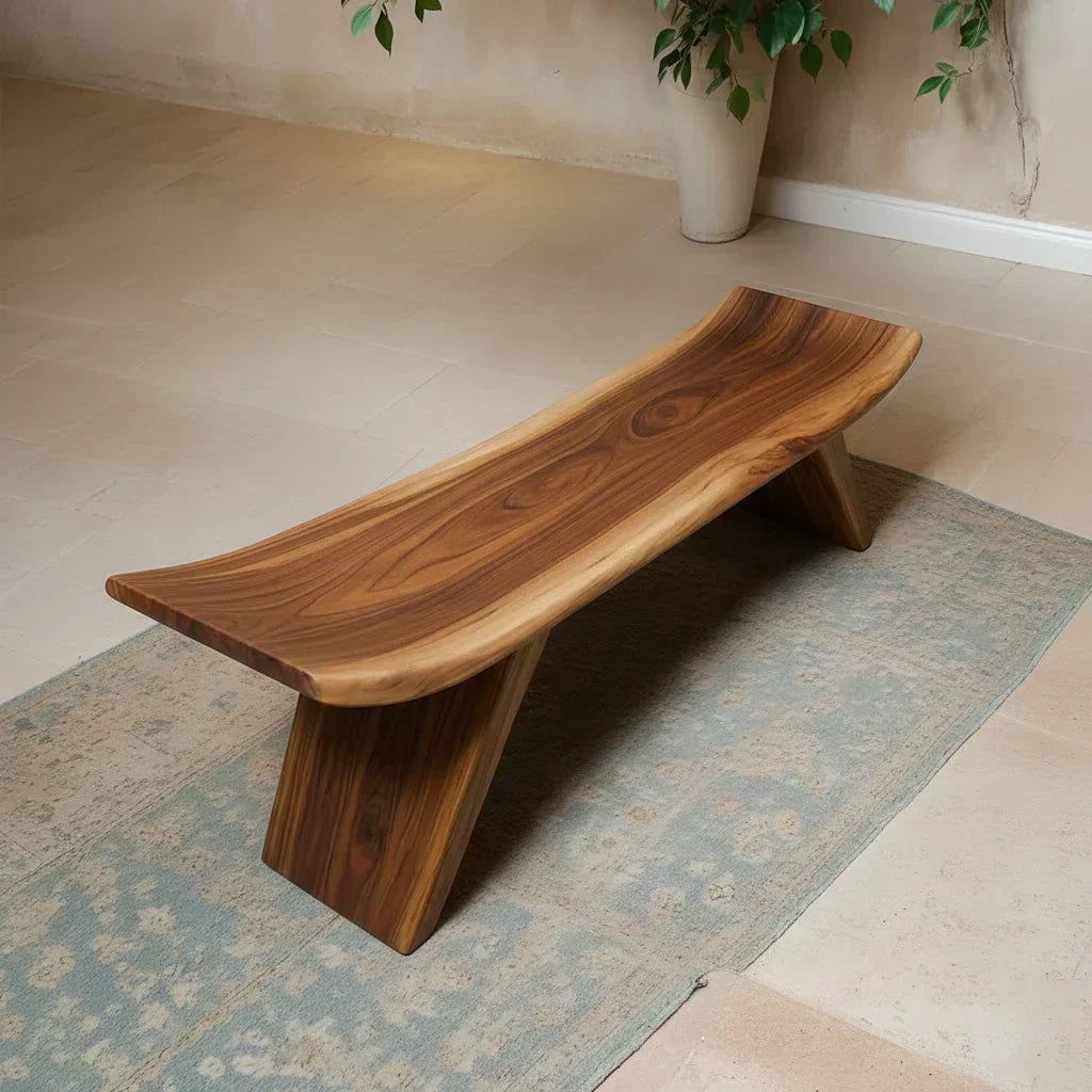 Sculpted Low-Profile Bench in Natural Solid Wood – Curved Edge Form - Woodenecho