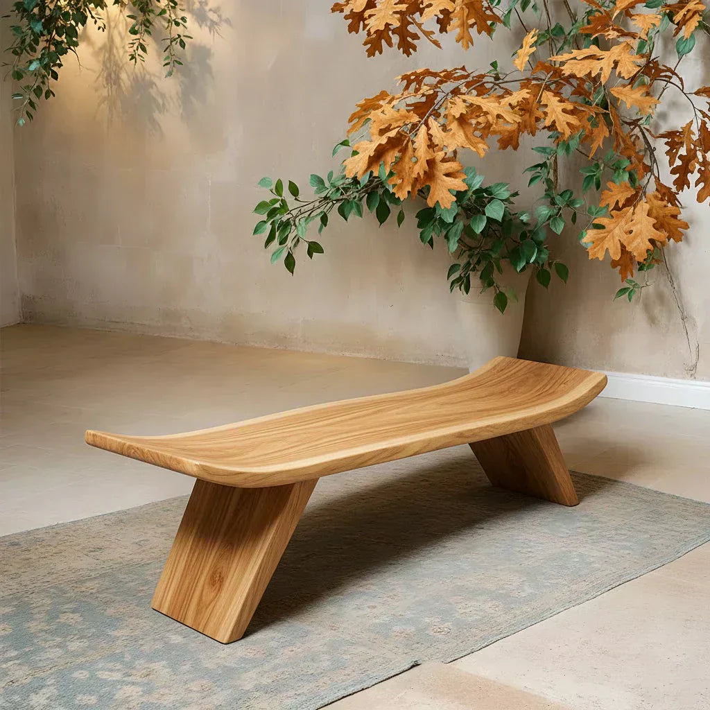 Sculpted Low-Profile Bench in Natural Solid Wood – Curved Edge Form - Woodenecho